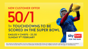 Read more about the article Super Bowl LIX betting offer: 50/1 on 1+ touchdown scored on Sky Bet