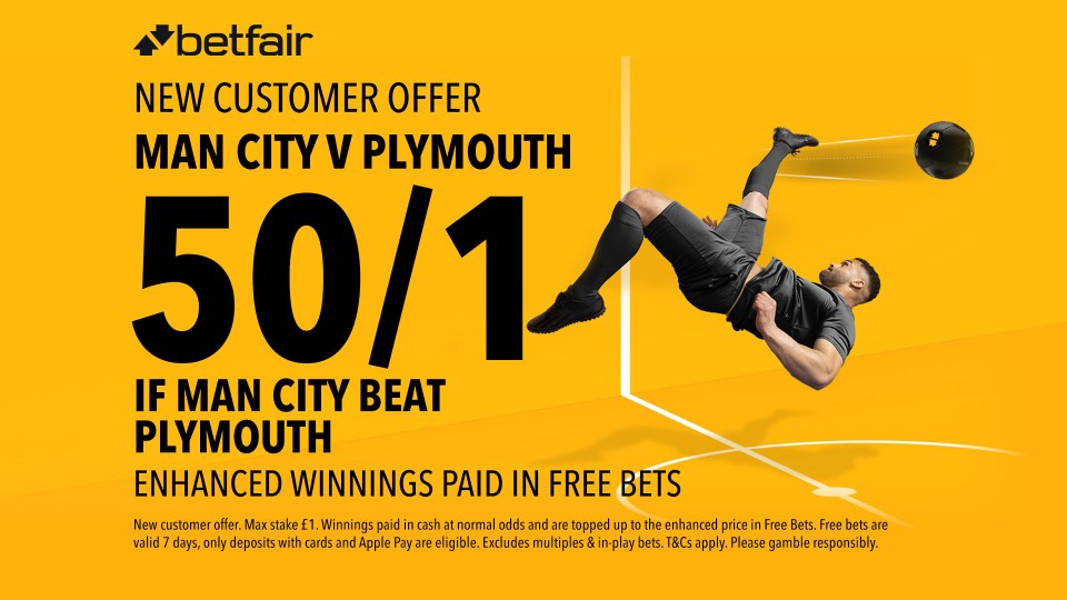 You are currently viewing Manchester City v Plymouth betting offer: Get 50/1 on City to win with Betfair