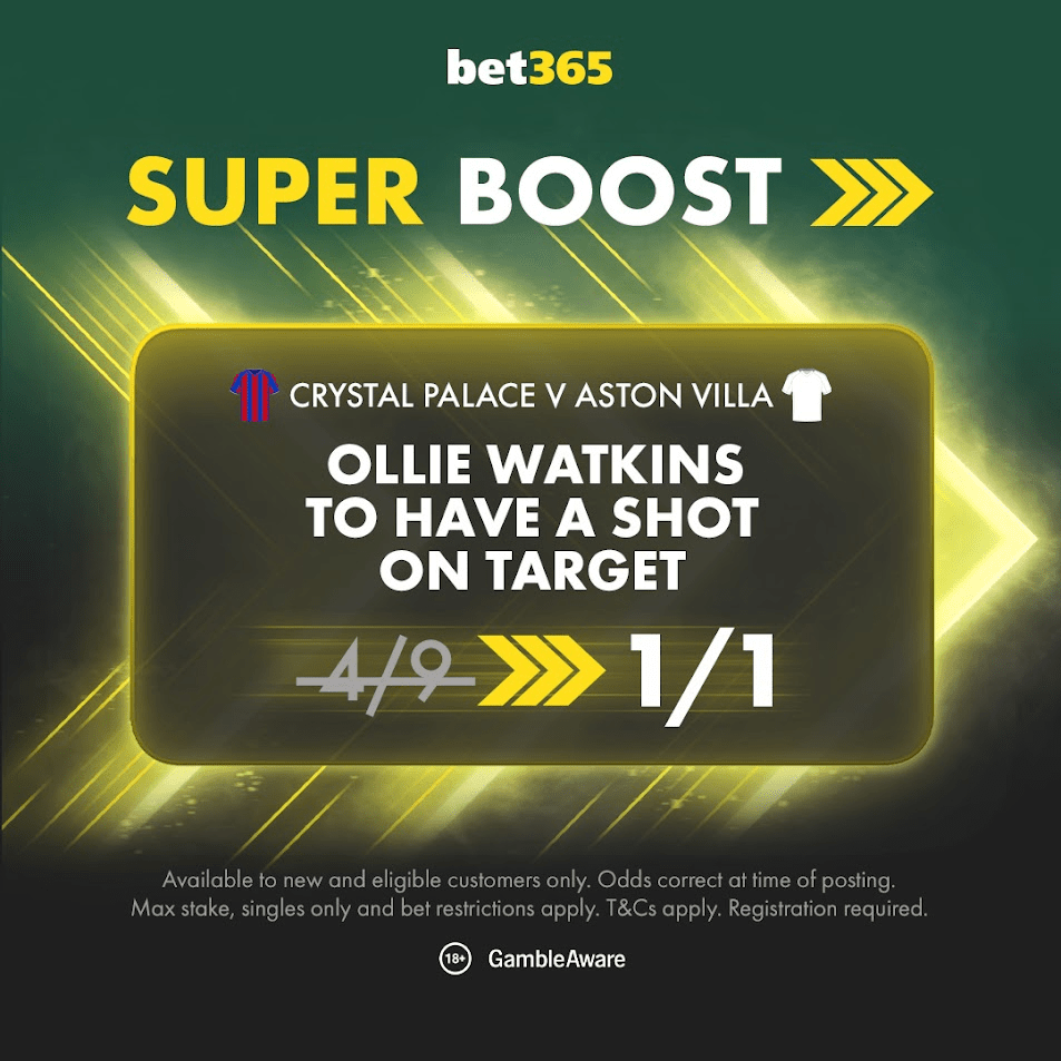 You are currently viewing Crystal Palace v Aston Villa odds boost: Get EVENS on Watkins to score with bet365