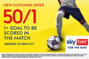 Read more about the article Arsenal vs Man City betting offer: Get 50/1 for a goal to be scored on Sky Bet