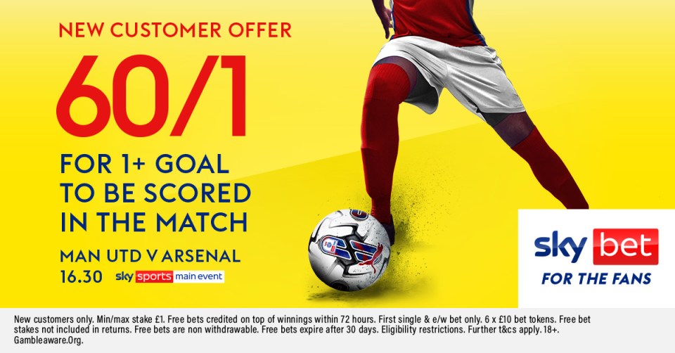 You are currently viewing Manchester United v Arsenal betting offer: Get 60/1 on a goal to be scored with Sky Bet