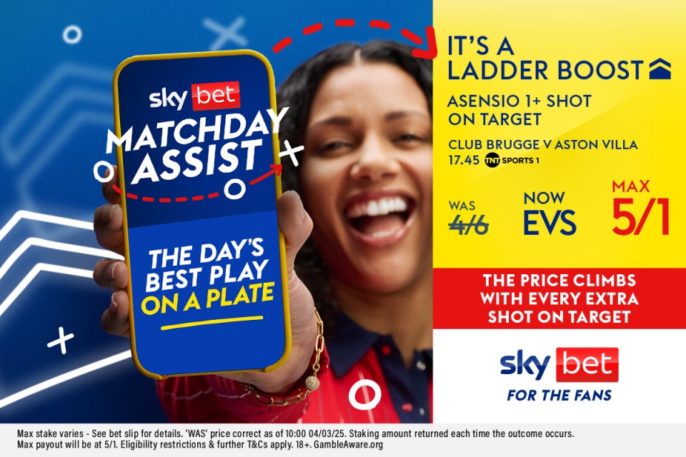 You are currently viewing Club Brugge v Aston Villa ladder boost: Get up to 5/1 on an Asensio boost with Sky Bet