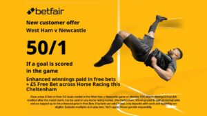 Read more about the article West Ham v Newcastle betting offer: Get 50/1 on a player carded and a £5 free Cheltenham bet with Betfair