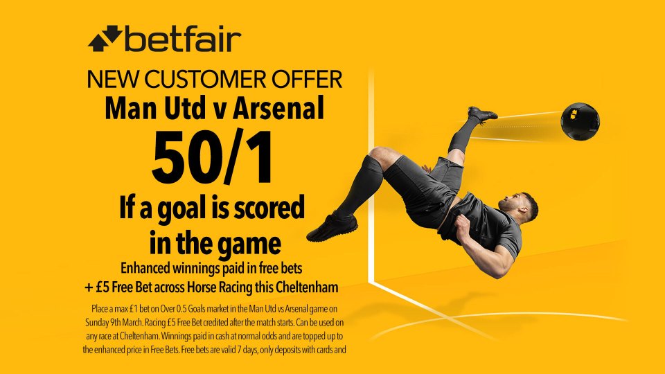 You are currently viewing Manchester United v Arsenal betting offer: Get 50/1 on a goal to be scored and a £5 free Cheltenham bet with Betfair