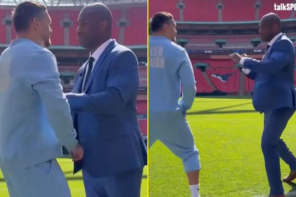 You are currently viewing Daniel Dubois shoves Oleksandr Usyk in first face-off as security intervenes on Wembley pitch