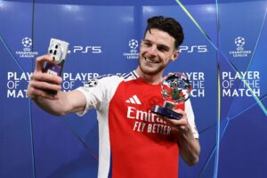 Read more about the article Arsenal fans love what Gabriel said to Declan Rice in changing room and even Kylian Mbappe loved free-kick