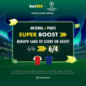 Read more about the article Arsenal v PSG super boost: Get 6/4 on Saka to score or assist with bet365