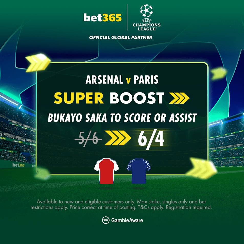 You are currently viewing Arsenal v PSG super boost: Get 6/4 on Saka to score or assist with bet365