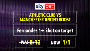 Read more about the article Athletic Club vs Man Utd boost: Fernandes 1+ SOT now EVENS on Sky Bet