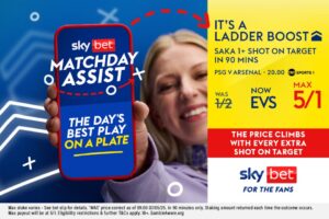 Read more about the article PSG v Arsenal ladder boost: Get up to 5/1 on Saka shots on target with Sky Bet