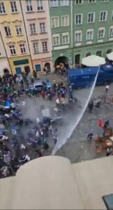 Read more about the article Alarming footage shows Chelsea fans getting floored by water cannon in Poland