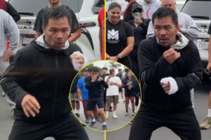 Read more about the article Manny Pacquiao shows off blistering hand speed as he trains with son ahead of Mario Barrios fight