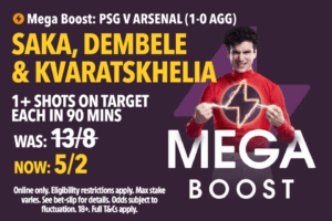 Read more about the article PSG v Arsenal mega boost: Get 5/2 on Saka, Dembele and Kvaratskhelia to have a SOT each with Tote
