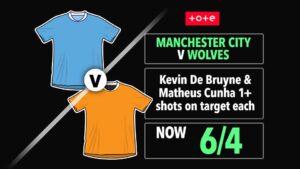 Read more about the article Manchester City v Wolves odds boost: Get 6/4 on de Bruyne and Cunha to have 1+ shot on target each with Tote