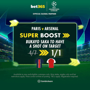 Read more about the article PSG v Arsenal super boost: Get EVENS on Saka to have a shot on target with bet365