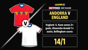 Read more about the article Andorra v England 14/1 Bet Builder: Bet £10 and get £50 in free bets with Betfred